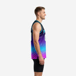 Front view of custom basketball jerseys for schools showing arched team name in cyan and white front number 00 on purple-to-black sublimated body