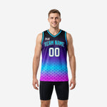Custom basketball jerseys for schools in purple and black with neon cyan V-neck binding and glowing hex gradient pattern, front view on male model