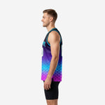 Left side view of custom basketball jerseys for schools showing continuous neon cyan-to-magenta hex pattern wrapping the full side panel