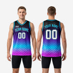 Size and specification chart for custom basketball jerseys for schools in purple neon hex design covering youth and adult sizes