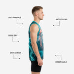 Back view of custom basketball jerseys with names and numbers showing back player name arc and bold back number in teal lightning design