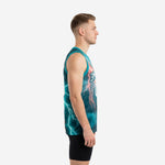 Men's custom basketball jersey with names and numbers in teal and white lightning storm graphic - close front view