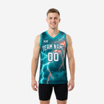 Custom basketball jerseys with names and numbers in teal lightning sublimation design - front view showing arched team name and number 00