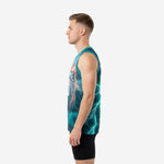 Side view of sublimated teal lightning custom basketball jersey showing full side panel print and armhole binding