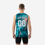 Right side view of custom basketball jersey with names and numbers in teal storm graphic design