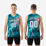 Size and spec chart for custom basketball jerseys with names and numbers in teal lightning design - youth and adult sizes