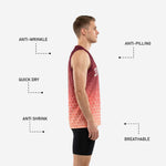 Back view of maroon-to-coral custom basketball jersey with player name and number printed in white on the upper back panel, hex pattern across full back