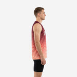 Men's custom basketball jersey with numbers in maroon and coral red gradient hex design, white arced team name across chest, front-facing studio view