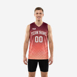 Custom basketball jerseys with numbers in maroon-to-coral gradient with white hexagon pattern, arced team name and front number shown on adult male model, front view