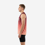 Side view of maroon gradient sublimated basketball jersey showing wide armhole opening, V-neck neckline, and hex pattern running full length to straight hem