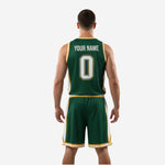Close detail of forest green custom basketball jersey with gold trim neckline and chest stripe, custom basketball kits