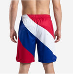 Opposite side view of blue and white basketball shorts with red lower panel and internal drawcord waistband detail