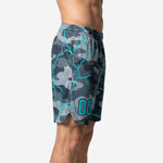 Side view of grey camo custom basketball shorts with teal lightning pattern and elastic waistband with internal drawcord