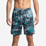Custom basketball shorts for teams in grey camo and teal cracked-lightning sublimation print, player number 00 on front leg panel