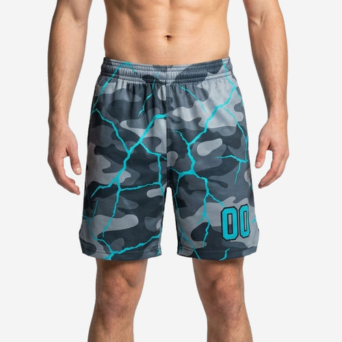 Custom basketball shorts for teams in grey camo and teal cracked-lightning sublimation print, player number 00 on front leg panel