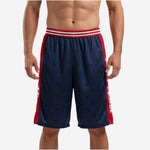 Custom basketball shorts for teams in navy with red side panels and white-striped elastic waistband, front view showing star-texture body