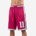 Custom basketball shorts for teams in hot pink and silver with circuit-board side panel and sublimated number 11 on front thigh, front view