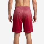 Back view of custom basketball shorts for teams in red hex fade with player number printed on lower back thigh panel