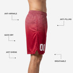 Custom basketball shorts for teams in red and white hex fade pattern with player number on front left thigh, shown front view on male model