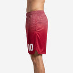 Second side view of red and white sublimated custom basketball shorts for teams showing hex pattern fade from waistband to solid red lower leg