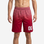 Red and white hex fade custom basketball shorts for teams, full front view showing elastic waistband and sublimated hexagonal gradient pattern