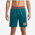 Custom basketball shorts for teams in teal with coral-orange side panel and layered elastic waistband, player number 00 at left thigh, front view
