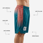 Close side panel detail of custom printed basketball shorts showing the coral hex dot gradient blending into the teal body