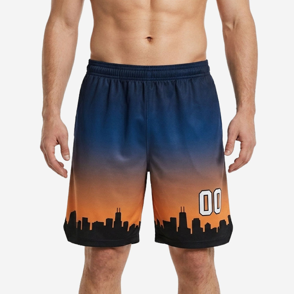 High School Skyline Custom Basketball Shorts - Navy Orange