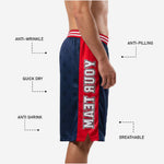Custom basketball shorts for teams back view showing navy sublimated body, red side panels, and elastic waistband in red and white
