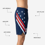 Close detail of custom basketball shorts elastic ribbed waistband and drawcord entry on navy fabric with star print