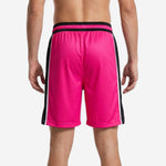 Custom basketball shorts pink and black back view showing clean pink panel, black elastic waistband, and white-black outer leg stripe
