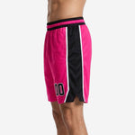 Pink and black custom basketball shorts showing full-length white and black side stripe detail on the right leg panel, opposite side view