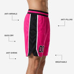 Custom basketball shorts pink and black size and specification sheet showing youth through adult size run