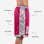 Back view of custom pink and silver basketball shorts with silver hem band and side split detail at leg opening