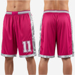 Size and specification sheet for custom basketball shorts for teams in hot pink and silver, youth through adult sizing