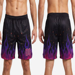 Size and specification sheet for custom purple basketball shorts showing youth through adult sizing run