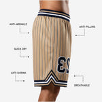 Size and specification sheet for custom blue and white basketball shorts with youth through adult measurements