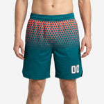 Rear close view of custom basketball shorts with drawcord waistband and coral to teal gradient across both side panels