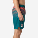 Size and spec sheet for youth and adult custom basketball shorts with logo in teal and coral sublimated design