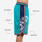 Back view of custom teal basketball shorts with navy side panels and sublimated back number placement on teal mesh fabric