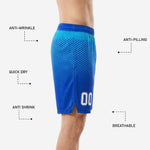 Back view of custom basketball shorts with logo placement, royal blue hex gradient sublimated team shorts