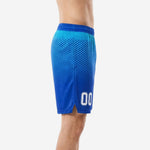 Front view of custom basketball shorts with logo, royal blue to cyan hexagonal fade pattern and elastic waistband with drawcord