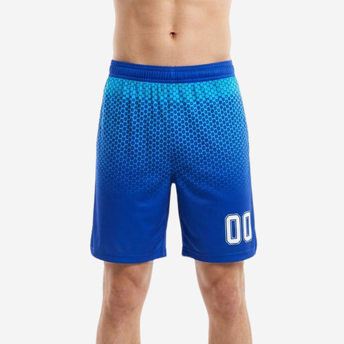 Custom basketball shorts with logo in royal blue hex gradient design, white player number 00 on left thigh, front view