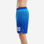 Left side view of custom basketball shorts with logo showing hex gradient fade and side split hem detail in royal blue and cyan