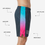 Back view of custom basketball shorts with logo in charcoal and gradient side panels, showing player number placement on the rear