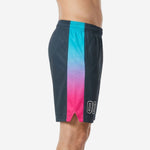 Men's custom basketball shorts in charcoal with teal and hot pink gradient side stripe, elastic waistband, and sublimated player number on left thigh