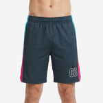 Custom basketball shorts with logo in charcoal with teal-to-pink gradient side stripe and player number 00 on the front thigh - front view