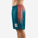Custom basketball shorts with logo in teal and coral hex gradient design shown from the side with player number 00 on the left thigh