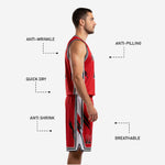 Custom basketball team kit red and black showing player number placement on shorts legs