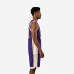 Custom basketball uniform side view showing white contrast panel and gold stripe trim on jersey and shorts